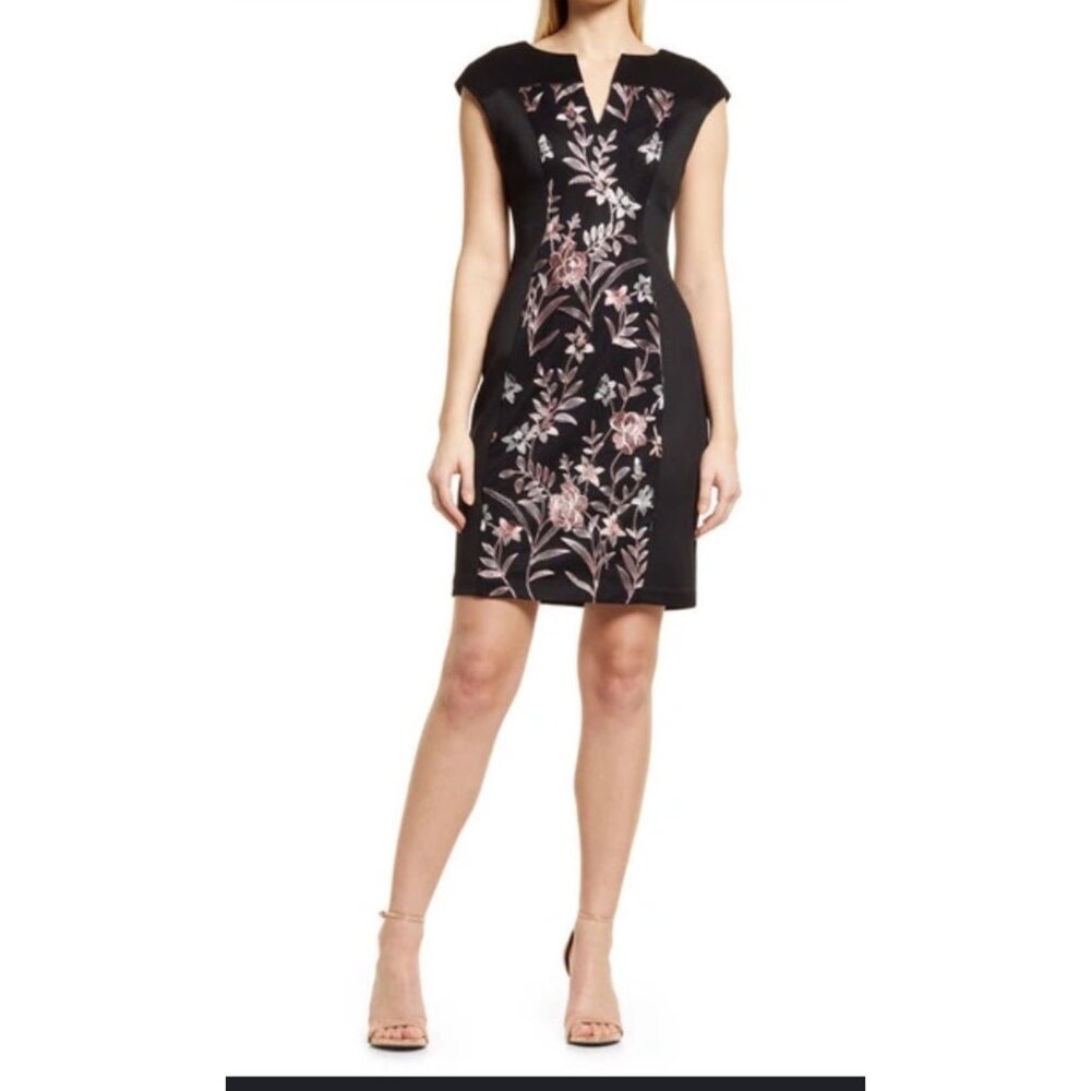 Connected Apparel Black Pink Floral V Neck Embroidered Sheath Back Zip Dress 8P - Picture 2 of 5